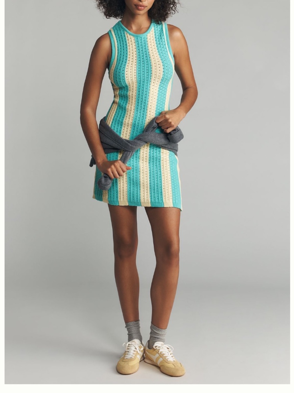 🟤NWT DAILY PRACTICE/ANTHROPOLOGIE Striped Knit Mini Dress Turquoise/Pale Yellow